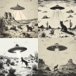 **Vintage illustration of a UFO abducting a cat in a desert, with simple lines and black ink on a white background. --ar 128:117 --v 6.0 --s 250** - <@756269320539209761> (fast)