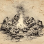 **a rough pencil sketch of a burning bonfire in the center with a family dressed in wool, leather, linnen and fur clothing sitting around it. medieval setting in the evening. The group is cooking. They look happy and there are pots and food already prepared that can be used for a barbecue. --ar 2:3** - Image #2 <@250270395821719552>