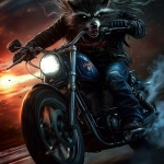 **a photographic, photoshoot, photo realism, worm's eye view, front on view of a anthropomorphic, crazy raccoon with an extremely high pompadour and wild, extremely long, stringy side face hair, is wearing a black leather jacket with the collar up and blue jeans, he is riding on a blue Harley Davidson Chopper with an American flag painted predominantly on the gas tank, we can see the entire motorcycle is in view, the rear tire is spinning, throwing up debris and a little bit of smoke, as the front tire lifts off the pavement. raking light, rim light, beautiful sunset light --style raw --sref 2271222 1682766493 --v 6.1** - Image #3 <@1022866044244733994>