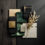 **materials board for modern art deco interior design with forest green velvet, black wood, gold metal, tile, silk, wall paint, dried plant** - Image #4 <@961789810715009054>