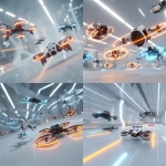 **A futuristic, high-detail scene of multiple unique robot drones racing and flying in the air through a white, high-tech indoor drone racing arena. The drones have distinct designs, one is black and white, another is solid black, and the third is metallic silver. the robots have different design, not all the same as each other, please make the robot different design. All are glowing with vibrant orange and blue light lines, creating a dramatic glow-in-the-dark effect. the robot drones are flying in the air. The background is a clean, minimalist white room with futuristic lighting and a dynamic sense of motion. cinematic lighting, 8k** - <@1237654084786327583> (fast)
-# Create, explore, and organize on [midjourney.com](<https://midjourney.com/imagine?from_discord=1>)