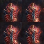 **an ultra realistic, highly detailed, photographic image of a beautiful red, white and blue shimmering gown, worn by gorgeous, standing young woman with blonde hair, barely touching her shoulders. A smile is on her lips. She is holding an American flag in one hand as brilliant red, white and blue fireworks fill the background behind her. HD, v 7.0** - Zoom Out by <@1327691479602298971> (relaxed, stealth)