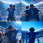 **Young Japanese male soccer player celebrating after scoring, plain solid blue jersey with no logos or brands, only a white back number, hugging teammates, modern stadium full of cheering fans, bright lights, sweat and determination on faces, cinematic atmosphere, realistic style, wide shot, no goalposts --niji 6** - <@1212945075831836692> (relaxed)