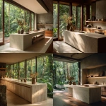 **captured by a world-class luxury architectural photographer known for high-end editorial spreads, Hasselblad 500CM, 50mm lens, f/4, ISO 800, 1/60s shutter, wide horizontal composition from just above counter height, showing a minimalist, ultra-luxury wellness retreat kitchen integrated into a pavilion space, seamless connection to lush rainforest visible through full-height sliding glass, muted stone flooring running continuous inside and out, large monolithic island in pale honed travertine with waterfall edges, warm bleached oak cabinetry with hidden pulls, integrated stone sink and brushed bronze tapware, ambient under-cabinet lighting, curated ceramic vessels and a single vase with wild local foliage, airy and uncluttered layout, soft warm neutral daylight with lifted shadows and glowing highlights, atmosphere serene and restorative, very heavy rich 35mm film grain throughout, pronounced halation bloom on highlights, deep analog texture, authentic Kodak Portra 160 pushed one stop, subtle frame edge softness without vignetting, gentle color shift in shadows, no digital sharpness, photoreal analog realism, editorial Architectural Digest x Cereal Magazine style, timeless and artistic composition** - <@837237355722571776> (fast)
-# Create, explore, and organize on [midjourney.com](<https://midjourney.com/imagine?from_discord=1>)