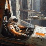 **A pilot in an orange and white spacesuit sitting inside the cockpit of their spacecraft, with other spacecraft parked outside on metal walkways surrounded by tall buildings, in the style of Craig Mullins. --ar 51:64** - Image #1 <@264129597782753313>