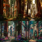 **round futuristic Venetian towers, structural vibes from an alien planet, mixed into a forest of redwoods that look like cathedral columns, paths wander into the vibrant secret gardens, sun cast through** - <@1182158818818400348> (fast)