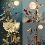 **A bean plant growing in a moonlit garden. There are dried pods on the plant. One is split open and is empty. There is a full moon rising over head. This is for the cover of a seed packet --v 7.0** - <@1240392312559898636> (fast)