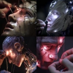 **Time-lapse of a marionette slowly becoming human under flickering LED lights, biotech horror, silicone skin being stitched on with metal strings --v 7.0 --raw** - <@1017562001381265439> (fast)