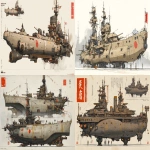 **a dnd style concept art with Ashley Wood details of two feudal japan wooden and old iron nuclear powered torpedo carrier destroyer battleship, Japan Meiji era armada, have different number in the body, same size but not identical, dark industrial scifi style, labeled as armada best units, white-light sand color with wood camo accents and small hi-viz yellow and red hazard markings, mechanical details, Japanese characters graffiti on the bombs, realistic look, moody atmosphere, a little bit foggy, signal towers, various size nobori, various size lanterns, robotic-mechanical arms, have japanese anime mural on the body, signal cabbles, on a white background in the style of Studio Ghibli and Makoto Shinkai, cel-shaded, full-body, cartoon, 2D game art --ar 11:5** - <@1043498067623686144> (fast)