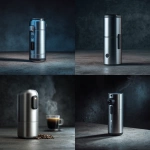 **create a concept photo for a small sleek stainless steel cylindrical shaped portable espresso machine. With a small pressure and heating. With a small screen. On a dimly lit product photo style shoot on darker background and concrete countertop --v 7.0** - <@796572981248786462> (fast)