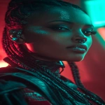 **realistic cyberpunk black female, at night, with neon lights in the background, red and turquoise. Strong light from above, on the face. High contrast. The female is looking towards the camera 3/4 view, she has braids, glowing eye cyber gear and an ear piece --ar 9:16** - Image #3 <@1174469651695144981>