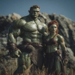 **Realistic 3d rendering. Full body portrait of two characters. ruggedly handsome, Hyper muscular handsome twin green skinned orcs, bright silver eyes, short curly redred hair, short pointed ears, defined muscles, pronounced features, hyper muscular, wide Grecian nose, strong square jaw, defined cheek bones, masculine features, freckles. Bodybuilder. wearing a tight short leather skirt. His oiled skin glistens under intense studio lighting. A strong camera flash highlights the shine on his muscles, creating bright reflections on his body, arms, and thighs. Retro fitness photography style, slightly exaggerated lighting contrast, 90s magazine aesthetic, center-framed, studio portrait shot. Standing and posing in a sunny rocky field. --ar 5:6 --v 7.0** - Image #2 <@1222981214734913607>