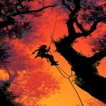 **epic explosive comic book style silhoette of a kid in a harness repelling through the tree top, --ar 9:16 --v 7.0** - Image #1 <@694537660894806087>