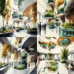 **<https://s.mj.run/J481k19R0sY> <https://s.mj.run/Nlu3ItpiLmk> <https://s.mj.run/5Zwnb5PDQNM> an illustration using black pen and watercolour, loose sketchy watercolor and black pen illustration of a futuristic healthcare waiting room a multi storey vertical farm on one side , plants grows with tanks of fish above them , the space which is filled with trees, the noerthern lights are present at the high ceiling to individual wellness pods, zaha hadid organic futuristic architecture highly detailed, unique, many people in the space --ar 16:9 --v 6.1 --s 250** - <@999895176619237436> (fast)