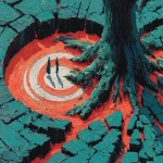 **A giant ancient tree with a trunk carved in glowing concentric orange circles, its roots are thick, sculptural rivers of molten crimson oil paint flowing into a deep teal cracked earth. Elongated neo-expressionist figures made of sun-baked clay dance in a gravitational swirl around the pulsing roots, their bodies distorted with spiritual ecstasy as they touch the ground which ripples like liquid skin. No musical instruments, no drums, no flutes. Extremely thick impasto, visible heavy brushstrokes, palette knife textures, sculptural oil paint. Deep teal background, vibrant crimson accents, vibrant orange concentric circles. Masterpiece, 8k, raw energy --v 7.0 --ar 16:9 --stylize 400 --chaos 30** - Image #2 <@1451225804582420671>