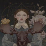 **a girl named Dorothy garland with a mahogany moose head in front a large flower, in the style of detailed portraiture, otherworldly illustrations, wizard of Oz, geometric aesthetics, the stars art group (xing xing), haunting portraits, painted illustrations --ar 74:105 --p 248jcws --s 50 --v 7.0** - Image #2 <@1007106543935823902>