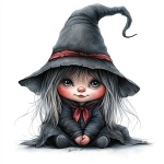 **Gothic adorable female gnome. Wearing all black ,sliver and red. Her witches hat is pulled down over her eyes. Her little button nose just peeking out from under the hat. Fine line drawing, airbrush design, watercolor, realistic cartoon rendering illustration isolated on white background --v 6.1 --s 250** - Image #2 <@807465804512886785>