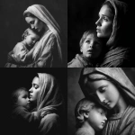 **mother Mary holding young Jesus embracing. Jesus looking up to mother Mary black and white photography --v 7.0** - <@819073620625981460> (fast)