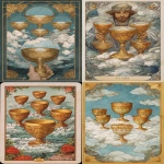**Vintage tarot card of the Seven of Cups, with three cups floating in clouds above a man holding an ornate golden cup and four other cups on each side of him, illustrated in the style of Yoshitaka Amano. --ar 3:5** - <@409716268476923920> (fast)
