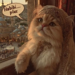 **the prettiest cutest cream-point Persian cat with haute couture turban watching tanabata from the window at his luxury penthouse apartment in Saudi Arabia, speech bubble saying "Habibi plz" --p 39d6lqq --s 1000** - Image #3 <@538878031226470440>
