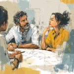 **a group of designers at a table discussing a set of plans, for a graphic for a PowerPoint, more stylistic than photo realistic, image of a Hispanic man and white woman, discussing plans on a table --v 7.0** - Image #4 <@425885932529647627>