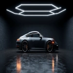 **a ultra realistic high quality photo of a porsche 911 inside a clean dark showroom with a hegagon light above the porsche reflecticting in its dark black paint --ar 16:9** - Image #3 <@1044962652931248128>
