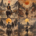 **imagine a painting presented in the style of ink wash: Jimmy Butler facing away from the viewer, riding a black steed, positioned in the center of the composition. The horse's four legs are fully visible, with its saddle adorned with golden tassels and brocade. The background features a Tang Dynasty landscape style with distant mountains and mist, while the basketball court elements are abstracted into natural scenery. Jimmy Butler wears a deep brown cowboy hat, a Golden State Warriors vest, and jeans, while holding a basketball. --s 750 --v 6.0** - <@531918970526236718> (fast)