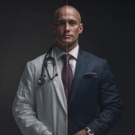 **Photorealistic portrait of a man standing front-facing, split symmetrically in half vertically. Left side: medical doctor wearing a white lab coat, stethoscope, professional calm expression. Right side: corporate golden-boy look with elegant suit and tie, luxury watch, confident business posture. Perfect seamless split between the two halves, dramatic studio lighting, dark background, ultra-detailed textures, high-definition 4K realism, powerful contrast between the two** - Image #3 <@525310115033645076>