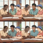 **Ghibli style graphic of a diverse group of 3 male college roommates cheerfully creating a roommate agreement together at a table. --v 5.0** - Variations by <@1090435486935433258> (fast)