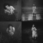 **a black and white photo-realism of a young girl, in ragged white dress, and heavy, dark makeup. she is standing in ankle deep water, looking upwards and grinning. eerie, unsettling.** - <@376196082390138880> (fast)
