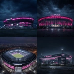 **Night photo, Football stadium, outside view, black sky, the stadium is decorated in pink and black colors, the sponsor "Top Match" is indicated on the stadium, ultra-realistic photo** - <@1154524536960725013> (fast)