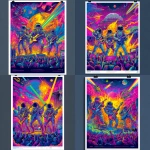 **award-winning concert poster in vibrant blacklist poster coloring, displaying a 4-piece rock band of astronauts jamming on a stage with an insane laser light show illuminating them and a frothing-at-the-mouth audience** - Variations (Strong) by <@539290812681551874> (fast)