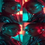 **realistic cyberpunk black female, at night, with neon lights in the background, red and turquoise. Strong light from above, on the face. High contrast. The female is looking towards the camera 3/4 view, she has braids, glowing eye cyber gear and an ear piece --ar 9:16** - Variations (Strong) by <@1174469651695144981> (fast)