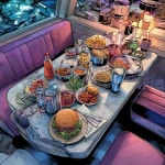 **scifi comic book style, diner table, full of food, scifi comic book style** - Image #3 <@186377350642925568>