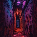 **comic book Cel-shaded anime style with bold clean linework, a long dark hallway lit by deep red lighting, shadows swallowing most details, walls completely covered top to bottom in dense graffiti tags and throw-ups, chaotic layered spray-paint textures, dripping paint, gritty urban atmosphere, high contrast red and black color palette, moody cinematic depth, <https://s.mj.run/PehohFc4Hs8> --niji 6 --ar 16:9** - Image #1 <@257221362568003584>