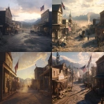 **Wide front-angle shot, Liberty Gulch town square at dusk, townsfolk frozen in sudden silence, flags and drying ballots hanging still on lines, old wooden storefronts and Capitol buggies in the background, faint dust hanging in warm air, camera slowly dolly-out to capture the tense quiet spreading across the square, cinematic 8K ultra-photorealistic DSLR realism, --ar 16:9 --v 6.1** - <@986592444969803837> (turbo)