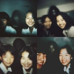 **This is a realistic, yet blurry, out-of-focus, grainy color photograph. It was taken in a classroom (likely a Japanese junior high school) and shows two female students. The girl on the right has wavy, shoulder-length black hair and a broad smile. The girl on the left is only partially visible, her black hair short, and only part of her face is visible within the frame. A blurred figure is faintly visible in the background, behind and between the girls. This figure's face is largely blurred and indistinct, and her expression is dark and shadowed, making it difficult to discern. This suggests a sinister or ghostly presence. The background is somewhat dark and out of focus, suggesting a dimly lit classroom. Light comes from the front, clearly illuminating the smiling cheeks. While the overall atmosphere in the foreground remains casual and friendly, a dark-faced figure, faintly visible in the background, subtly exudes an air of unease and mystery. This is a realistic color photograph that is also blurry, out of focus, and highly grainy. --v 7.0** - <@1036285603907633172> (relaxed)