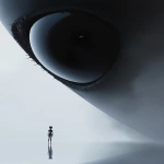 **A small figure stands in front of an enormous black eye, in the style of Yoji Shinkawa and Moebius. The scene features minimalism, cinematic lighting, atmospheric perspective, volumetric fog, and dramatic shadows on a white background, creating a retrofuturistic sci-fi atmosphere. --ar 85:128** - Image #4 <@264129597782753313>