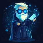 **Futuristic legal wizard mascot, glowing blue eyes, wearing a judge robe mixed with a wizard cloak, holding a digital scroll and a smartphone, cartoonish but clean, high-tech magical vibe, flat design - vector art --s 250** - Image #1 <@844314166369583134>