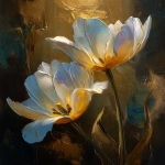 **two elegant flowers positioned in perfect harmonious composition, illuminated by a divine warm golden light that falls softly from above, deep dramatic shadows creating emotional depth, rich painterly impasto with extremely thick sculptural layers of oil paint, luxurious golden undertones woven into the texture, fully covered background with heavy layered paint --no visible canvas, cracked antique surface and aged varnish effect, warm earth tones blended with subtle gold, atmospheric glow, timeless classical beauty, emotional stillness, museum-quality fine art, no text, no watermark, no signature, no initials --ar 4:5 --v 7.0 --q 2 --raw** - Upscaled by <@1313398896784834591> (relaxed, stealth)