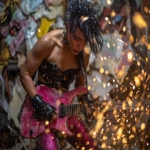 **heavy metal femmerock reptilian 80s hair bandsaw sawing through electric guitars, sparks and debris flying everywhereas the band plays down with the thickness --p djcuvnt ht8lvr3 --ar 4:3** - Image #2 <@948741381743083580>