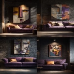 **an ultra-realistic photo depicting the concept of an interior design for a living room, featuring an elegant purple sofa and wall art with a face in the style of picasso, rendered in geometric shapes and framed on dark brick walls. the lighting is warm and inviting, casting soft shadows to accentuate the textures of both the furniture and the artwork. this scene embodies contemporary luxury with a touch of modern artistic flair. --ar 9:16** - <@1313000520759377972> (fast)