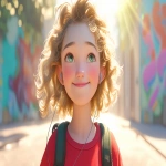 **a medium shot of a realistic illustrated happy 7-year-old Caucasian female student from America, they have a well-defined nose and a well-defined jawline, they have green eyes and curly blonde hair, they stand with their head and neck and shoulders completely square to the camera and facing forward, their entire body is facing forward, they wear a backpack, they have headphones on their head, they stand in front of a white wall with bright graffiti art spray painted on it, it is daytime, the sun is shining bright, high-definition, anime-style, --ar 16:9 --niji 6** - Image #1 <@1065025086664474674>