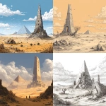 **a dnd drawing. a desert with crumbling pyramid and a giant tower.** - <@694292659686342656> (fast)
