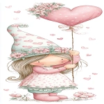 **<https://s.mj.run/86eVZr8er2A> whimsical valentine gnome girl holding a heart-shaped balloon, tall hat with floral trim, sweet smile, soft watercolor style, isolated on a white background, centered, clean simple clipart with no clutter --profile ndjowph --ar 1:3 --v 7.0** - Image #4 <@1327677480533757952>
