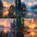 **cinematic animated-style scene, arthouse animation film quality, visual poetry, serene lakeside at sunrise, warm amber and soft pink sky, gentle morning mist slowly drifting across still water, cozy wooden cottage with subtle warm interior glow, surrounded by quiet forest and wildflowers, small wooden dock with faint lantern light, calm boat resting on water, dreamlike atmosphere inspired by continental drift, sense of slow time and quiet continuity, painterly lighting, soft cinematic color grading, subtle film grain, shallow focus, balanced composition, minimal visual noise, timeless atmosphere, seamless loop-friendly scene, no dramatic motion, no strong contrast, fantasy realism, not photorealistic, relaxing jazz mood, deeply calming and healing, no people, no text, no logos --ar 16:9 --v 6.0 --s 900 --raw** - <@1364091927640670238> (fast)