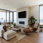 **ultra-realistic photograph of a coastal modern open floor plan living room in Manhattan Beach, California, warm oak wide plank hardwood floors, large black-framed windows with panoramic ocean and beach view, Restoration Hardware modern-inspired neutral palette, plush L-shaped sectional rotated so one side faces the ocean and the other faces a sleek TV above a limestone fireplace, layered grass cloth and Persian area rug, stone coffee table, leather lounge chair, wood rectangle couch table with lamp and fresh flowers and books on top, textured throw pillows, soft ambient natural daylight, sculptural chandelier, layered organic textures, styled for a luxury interior design Instagram post, straight-on wide-angle lens, full view of space including ocean view and TV wall, center fireplace, photorealistic details, depth, natural shadows --v 6.0 --raw --ar 13:10** - Image #1 <@1339375378858381312>