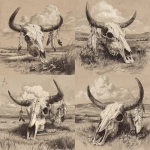 **dibujo de cráneo de vaca con plumas colgando de sus cuernos en un paisaje desértico --v 7.0** - Variations (Strong) by <@1099054943794647211> (fast)