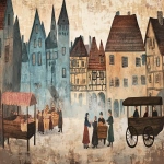 **Medieval illuminated manuscript scene depicting [foggy medieval town square with distant silhouettes of houses and a market stall; wooden cart parked], flat perspective, rich saturated colors, delicate black outlines, 14th century European manuscript style, parchment texture, simplified stylized figures with pale complexions and rosy cheeks, architectural background with blue-gray walls, minimal shading, historical accuracy, --ar 16:9 --v 6.1 --raw** - Image #2 <@1168965155363762248>