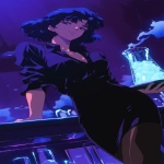 **Fuzzy 90s Anime screengrab, A night club filled with smoke and mirrors that reflect the single beauty standing back a bit walking forward, it's a woman in a business jacket and a long pencil skirt, dark brown stockings, she's carrying a tray with a large pitcher of ice that has glistening blueish square cubes inside and condensation down the glass, her hair midnight blue with purple tips and short cut hair ending around the shoulders, confident smile, narrow squinting blue eyes, pencil thin black eyebrows flat --ar 3:5 --niji 6** - Upscaled (Subtle) by <@372629349565988865> (fast, stealth)